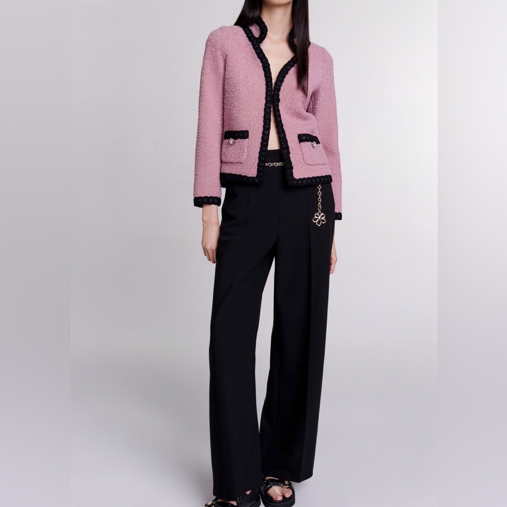 Edward Achour Paris Pink Bouclé Tweed Crop Jacket Braided Trim Pearl Detail